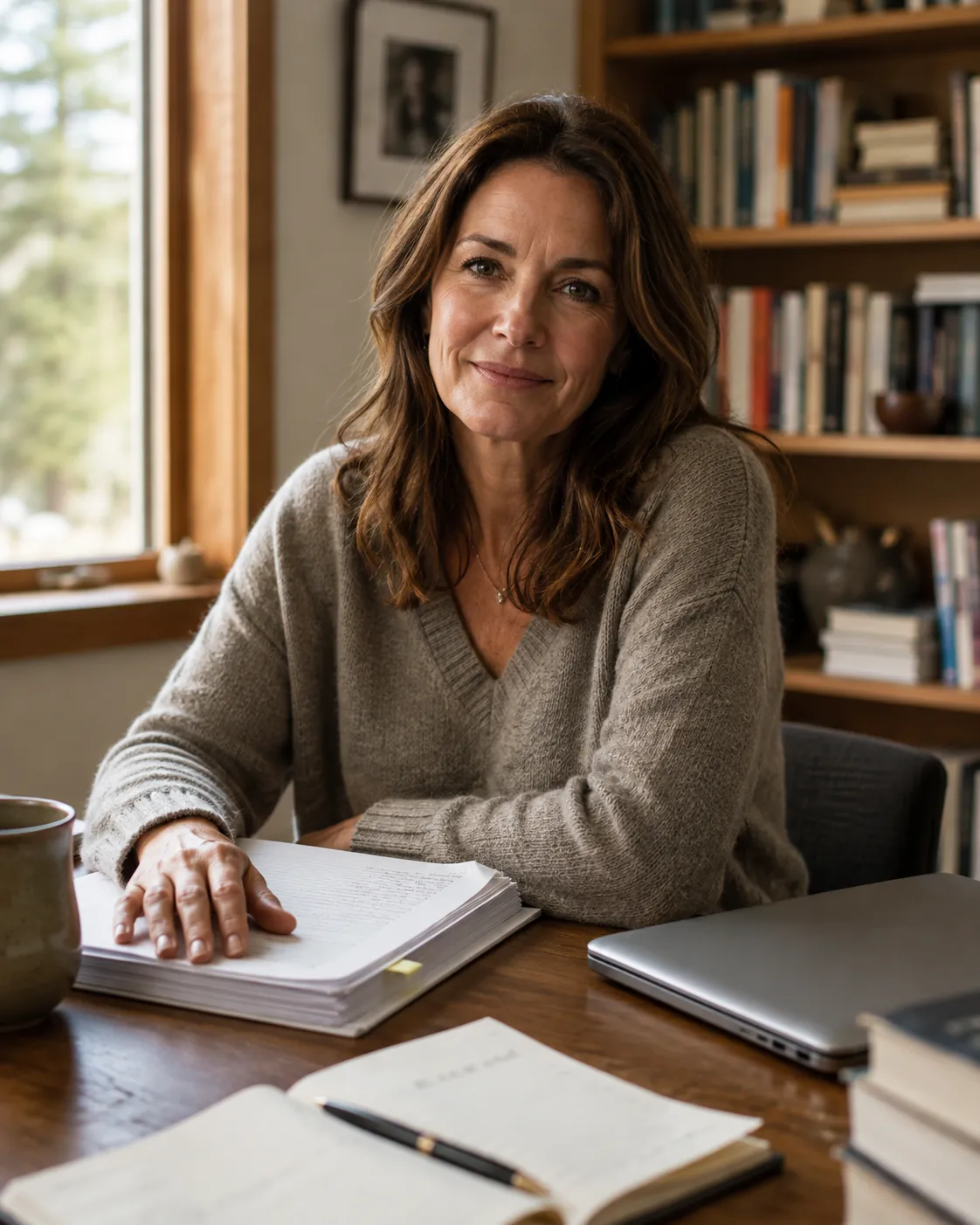 The editor at her writing desk with a stack of manuscript pages, bookshelves behind her