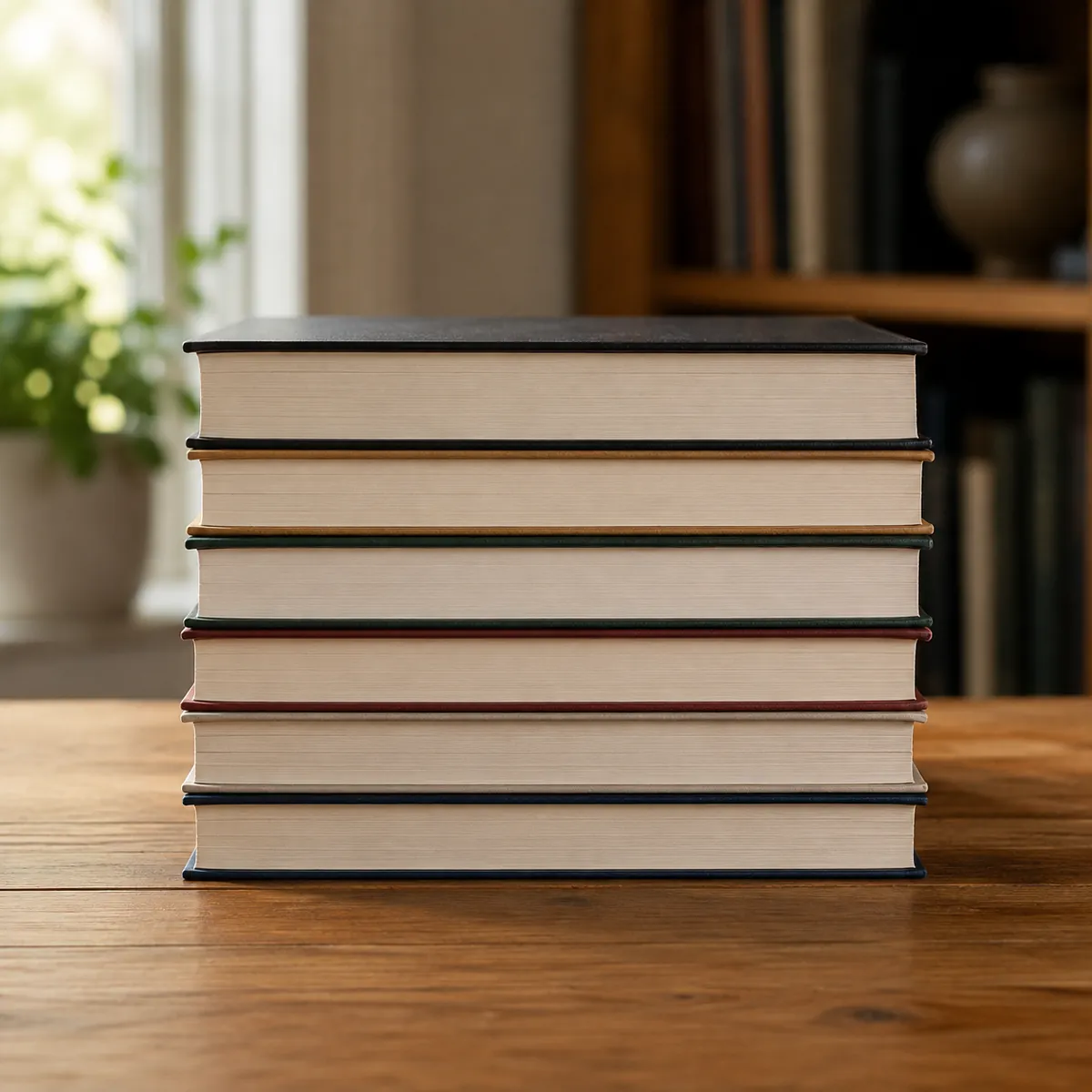 A stack of hardcover books on a wooden table, shot from the page edges